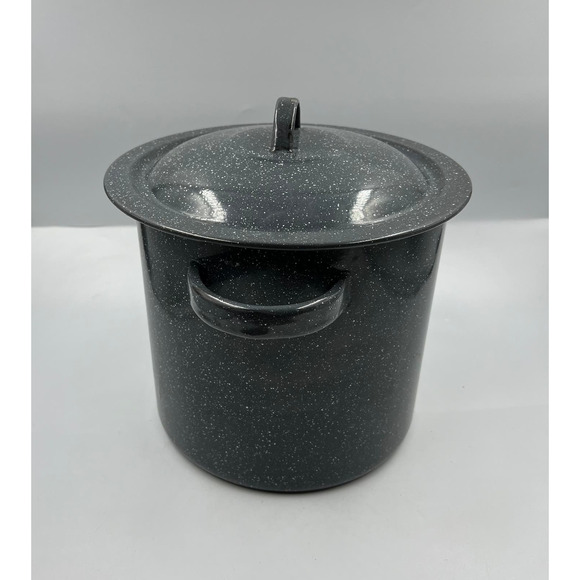Vintage EnamelWare Black Speckled White Medium Stock Soup Pot W Lid - Picture 8 of 10